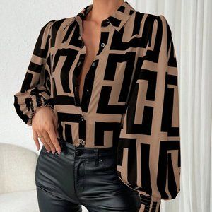 Black & Brown Preppy Womens Geo Print Shirred Cuff Lantern Sleeve Shirt